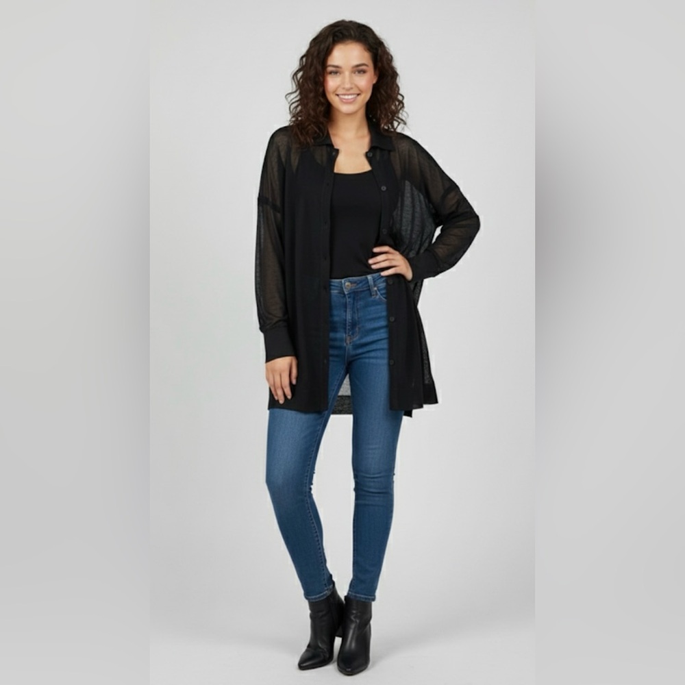 Lafayette 148 New York Sheer button up Cardigan collared size L black